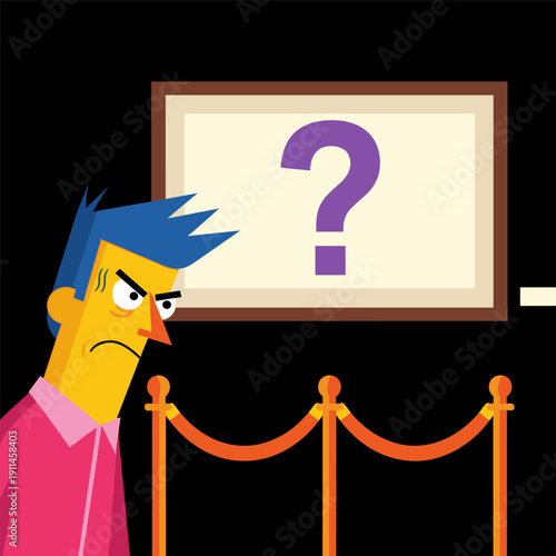 Confused man looking at question mark on framed board with concern