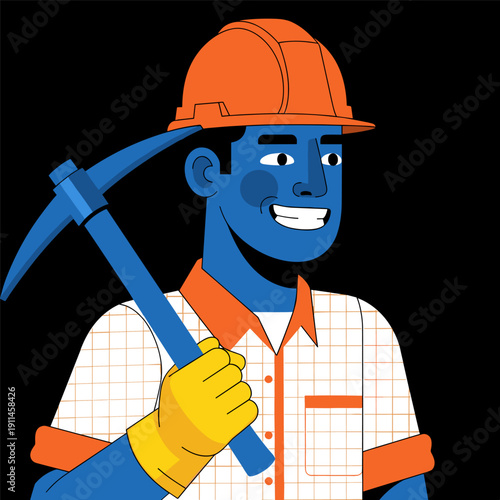 Smiling miner in hard hat holding pickaxe confidently