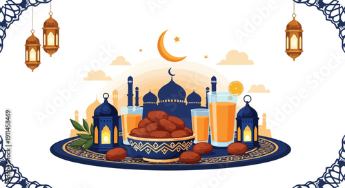 Flat lay illustration of a traditional Eid AlFitr or Ramadhan celebration setting with mosque, dates, and lanterns on a decorative tray against a white background with a crescent moon.