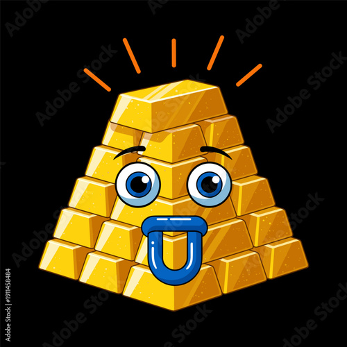 Cartoon gold bars with smiling face and blue pacifier on black