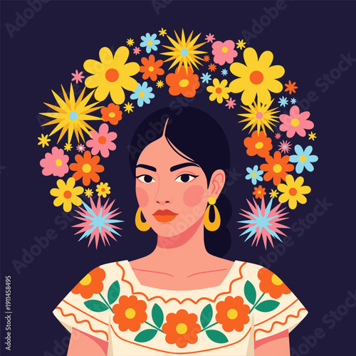 Vibrant woman with floral crown and traditional Mexican attire smiling softly