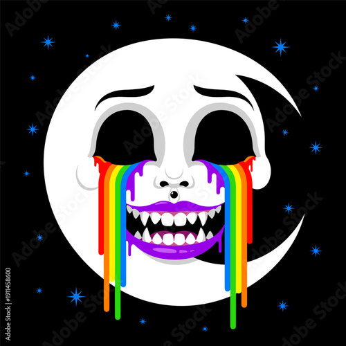 Vibrant rainbow skull crying tears on moonlit night