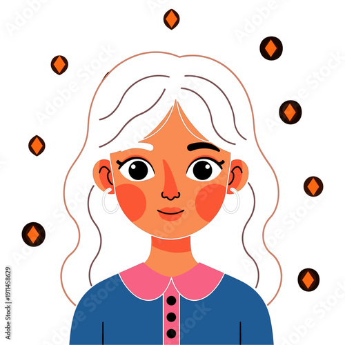 Cartoon girl with white hair and rosy cheeks smiling