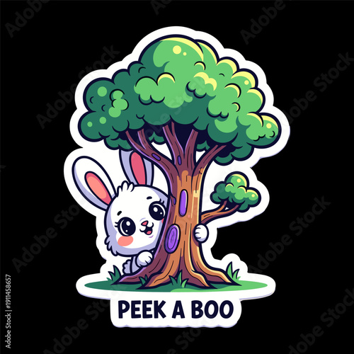 Cute cartoon bunny playing peek a boo behind tree sticker