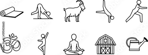 National Goat Yoga Month icon set with yoga poses and farm elements