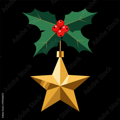 Golden star Christmas tree topper with holly berries on black background