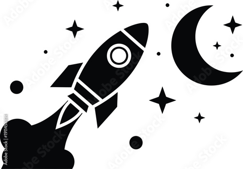 Black and white illustration of a rocket ship launching into space