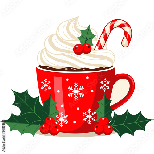 Festive holiday hot chocolate with whipped cream and candy cane