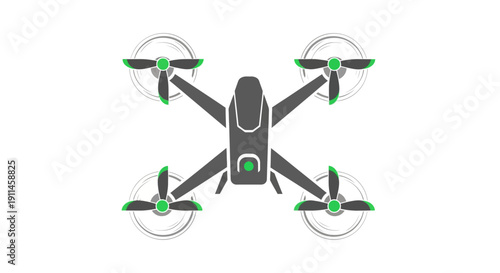 Top-down vector illustration of a dark gray quadcopter drone with bright green propeller hubs, isolated on a clean white background, ideal for technology icons.