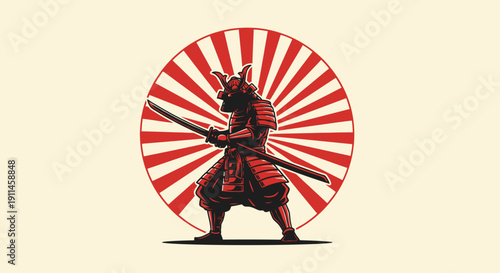 Vector illustration of a traditional Japanese samurai warrior in red armor holding a katana sword, standing against a rising sun emblem on a light beige background.