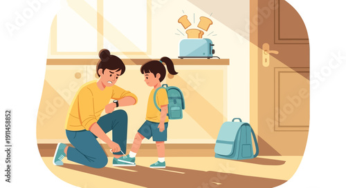 A caring mother in a yellow shirt ties her daughter's blue sneakers, who wears a matching backpack, preparing for school in a warm, sunlit kitchen with a toaster popping toast.