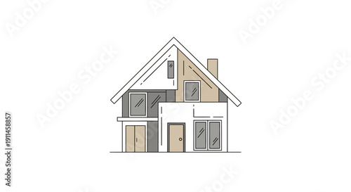Minimalist vector illustration of a detached family house with a pitched roof, large windows, and a beige and charcoal gray color palette, isolated on transparent background.