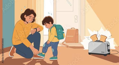 A stressed mother kneels to tie her young son's shoelace in a warm-toned vector illustration, while a toaster pops up burnt toast in the background, depicting a chaotic morning routine.