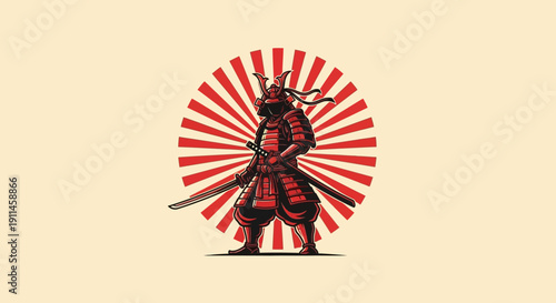 Red armored samurai warrior illustration with katana swords standing against a rising sun background, isolated on a light beige backdrop.