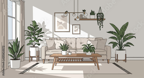 Minimalist vector living room interior with beige sofa, wooden coffee table, and various potted green plants under warm sunlight, isolated on transparent background.