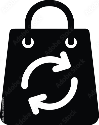 Recycling shopping bag icon with circular arrows on a white background