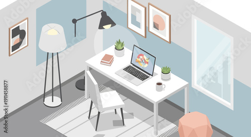 Isometric vector illustration of a minimalist home office workspace with a white desk, laptop, floor lamp, and abstract wall art in a pale blue and gray room.