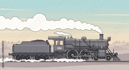 Vintage charcoal steam locomotive vector illustration with white smoke billowing from the chimney, traveling across a flat, muted landscape under a clear sky.