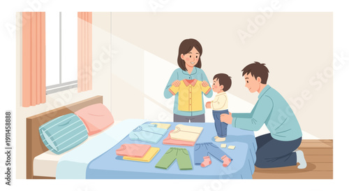 Young Asian parents folding colorful baby clothes on a blue bed in a bright bedroom, preparing for a child's daily routine, vector illustration.