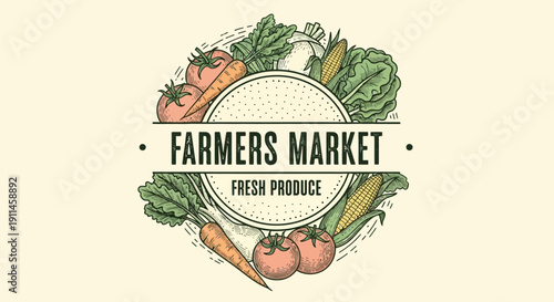 Vintage vector illustration of a farmers market logo with fresh produce like tomatoes, carrots, corn, and leafy greens, isolated on a light beige background.