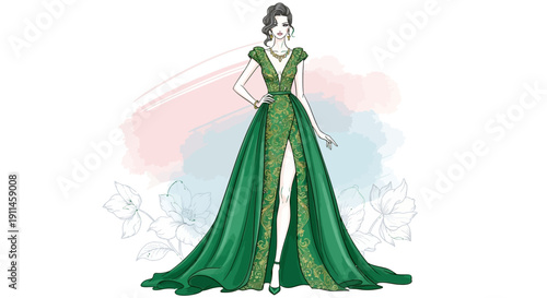 Elegant vector fashion illustration of a woman wearing a luxurious emerald green evening gown with intricate gold lace details and a flowing train