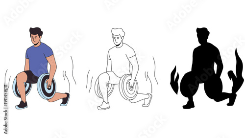 Wheelchair man exercising with fitness equipment in different illustration styles