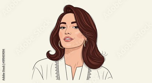 Vector illustration of a confident young woman with wavy dark brown hair and hoop earrings, wearing a white embroidered blouse, isolated on a light beige background.