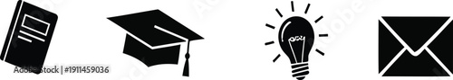 Educational icons including a document graduation cap lightbulb and envelope