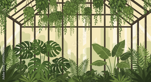 Vector illustration of a lush green botanical greenhouse interior with various tropical plants and hanging vines, ideal for a nature-themed background or website banner.