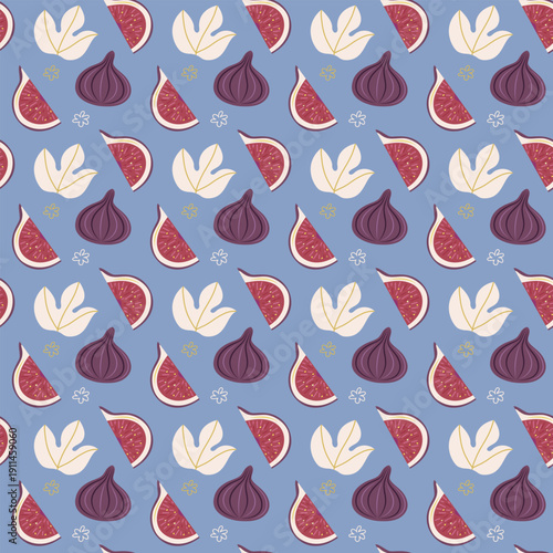 Seamless pattern with fig and leaf on blue background. Stylized whole fruit and slices. Simple flat vector illustration.