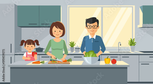 Happy Asian family cooking a healthy meal together in a bright kitchen, with a mother chopping carrots, a father preparing salad, and a young daughter watching.