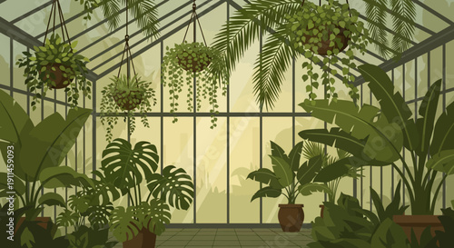 Vector illustration of a lush botanical greenhouse interior with various potted tropical plants and hanging vines under a glass roof.