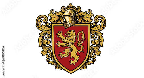 Golden heraldic shield with a rampant lion and ornate scrollwork, topped by a knight's helmet, isolated on transparent background for branding.