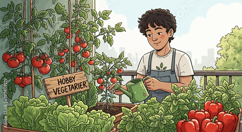 Young man with curly hair watering vibrant red tomatoes, green lettuce, and bell peppers in a sunny balcony vegetable garden, with a 'Hobby Vegetarier' sign, vector illustration.