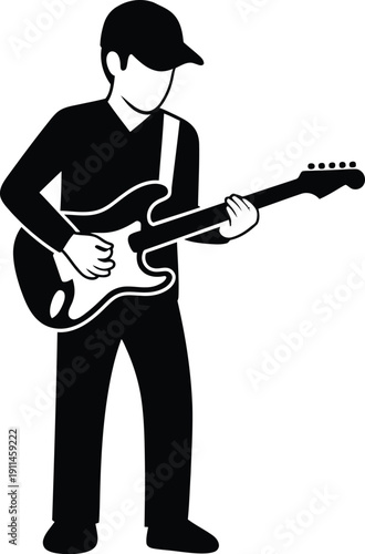 A man playing an electric guitar with a strap