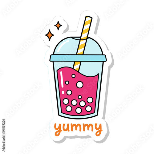 Colorful cartoon bubble tea cup with straw and yummy text