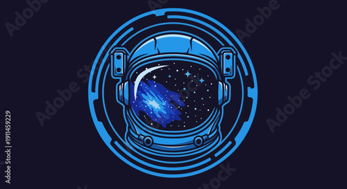 Vector illustration of an astronaut helmet with a vibrant blue nebula and stars reflected in the visor, set against a dark cosmic background within a circular tech frame.