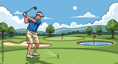 Vector illustration of a male golfer in a blue shirt and khaki shorts swinging a golf club on a green course with sand traps and a water hazard under a clear sky.