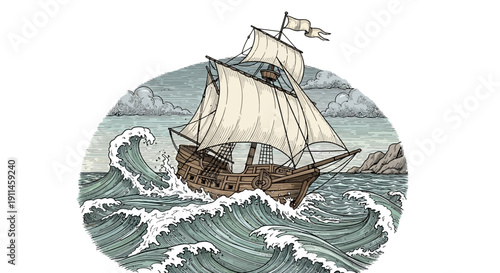 Vintage vector illustration of a distressed wooden sailing ship with billowing cream sails navigating through rough teal ocean waves under a cloudy sky, isolated on transparent background.