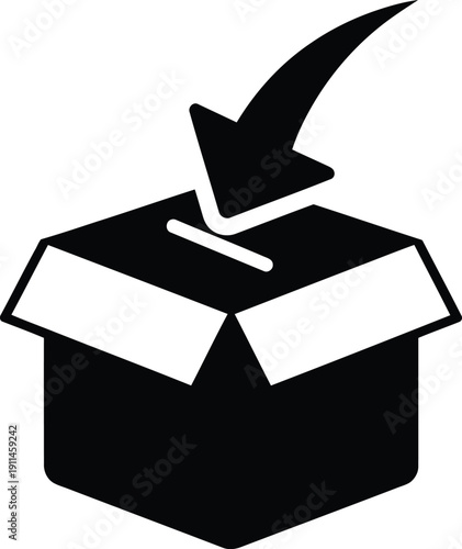 A black and white image of a ballot box with a checkmark being inserted