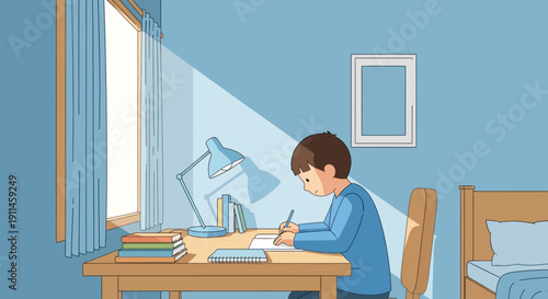 Young boy studying at a wooden desk in his blue bedroom, illuminated by a desk lamp and a bright sunbeam from the window, vector illustration.