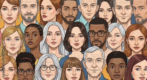 Diverse group of hand-drawn vector portraits showcasing various ethnicities, ages, and genders, ideal for social media, website, or presentation graphics.