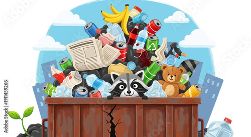 Cartoon vector illustration of a rusty brown dumpster overflowing with various trash items, including plastic bottles, aluminum cans, paper, and food waste, with a curious raccoon peeking out