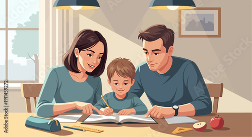 Vector illustration of a young Caucasian family, a mother and father, helping their son with homework at a wooden table in a brightly lit home interior.