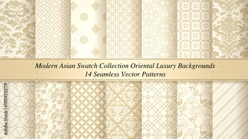 Elegant Beige & Gold Asian Pattern Set - Soft Oriental Luxury Seamless Backgrounds

