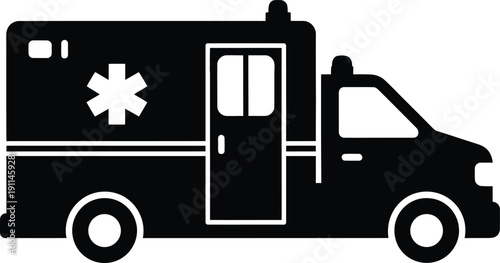 Black silhouette of an ambulance vehicle with medical symbol