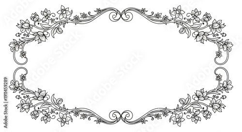 Elegant black and white vector floral frame with delicate scrollwork and blossoming flowers, isolated on transparent background, ideal for wedding invitations or decorative borders.