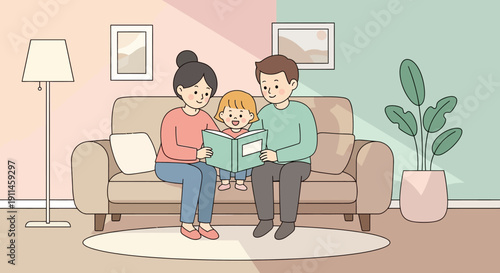 Happy family of three, parents and young child, sitting on a beige sofa and reading a storybook together in a cozy living room with pastel pink and mint green walls, vector illustration.