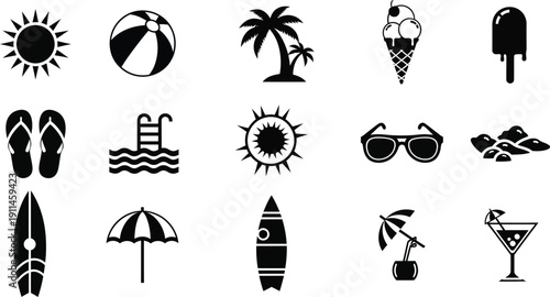 Summer vacation icons and symbols for travel and leisure