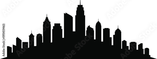A black silhouette of a city skyline with numerous skyscrapers and high rise buildings